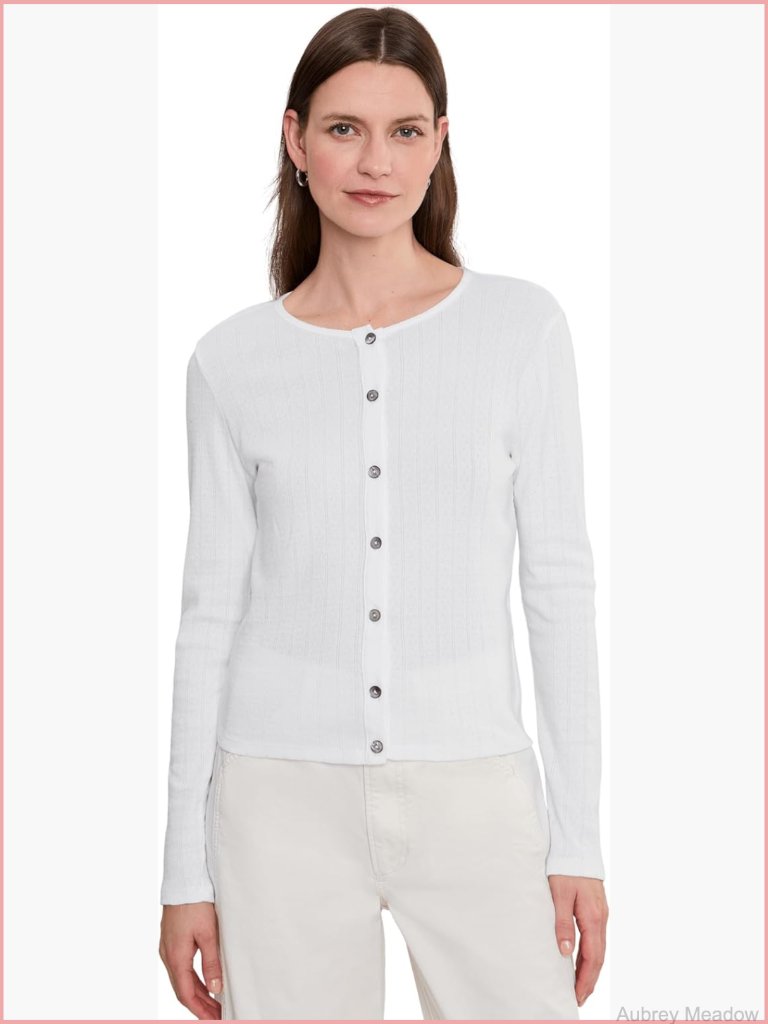 Women's Cotton Cable Knit Cardigan Button Front Long Sleeve Crew Neck